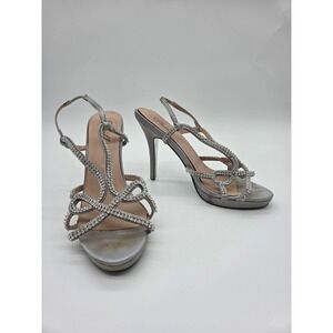 Womens Sandals 6.5 Silver Good Rhinestone Embellished Platform Stiletto Camille